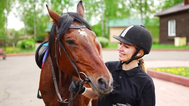 Linda Jovem Mulher Usando Capacete Acariciando Seu Cavalo Marrom Imagens — Vídeo de Stock
