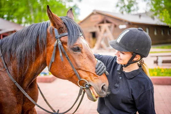 Lovely Young Woman Wearing Helmet Stroking Her Brown Horse High — Stock Photo, Image