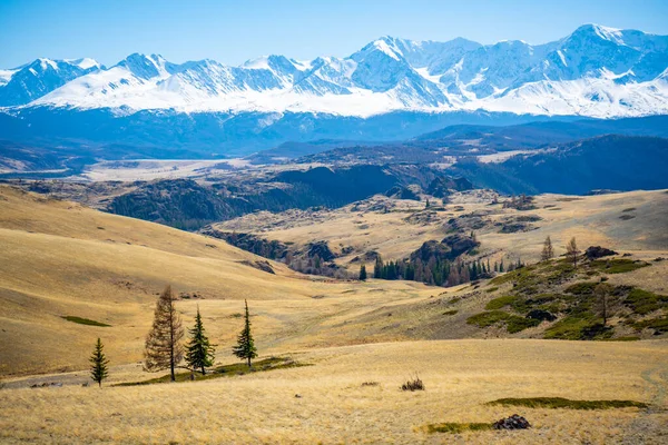 Scenic View Beautiful Mountain Peaks Snow Glaciers Blue Sky Valley — Stock Photo, Image