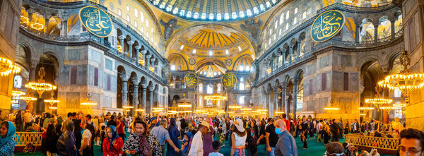 Istanbul, Turkey - May 28, 2022: Interior of the Hagia Sophia. The Grand Mosque and formerly the Church is a popular destination among pilgrims and tourists of Istanbul, Turkey. High quality photo