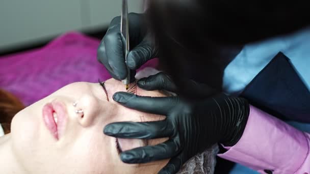 Procedure Eyebrow Microblading Master Black Gloves Doing Blending Needle Models — Stock Video