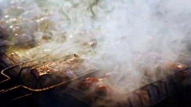 Barbeküde ızgara lezzetli yemeklere yakın çekim. Doğada lezzetli şiş kebap pişirme süreci. BBC 'deki metal şişte lezzetli yemekler. Piknik zamanı. Yüksek kalite 4k görüntü