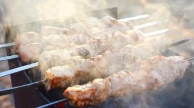 Barbeküde ızgara lezzetli yemeklere yakın çekim. Doğada lezzetli şiş kebap pişirme süreci. BBC 'deki metal şişte lezzetli yemekler. Piknik zamanı. Yüksek kalite 4k görüntü