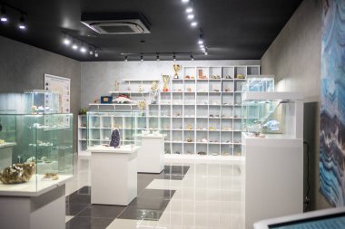 Kemerovo, Rusya - 5 Mayıs 2022: Kemerovo Devlet Üniversitesi 'nde mineraloji müzesi. Doğal taş koleksiyonu. Yüksek kalite fotoğraf
