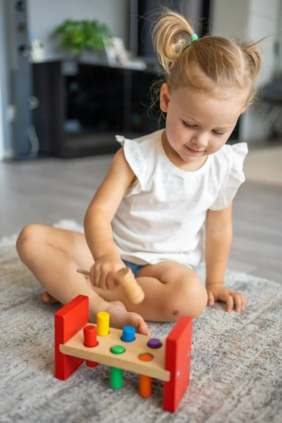 Cute Caucasian Little Girl Playing Floor Home Eco Wooden Toys —  Fotos de Stock