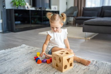 Beyaz, sevimli bir kız. Evinde yerde eko tahta oyuncaklarla oynuyor. Montessori oyuncağı. Eğitici oyunlar oynayan çocuk. Yüksek kalite fotoğraf