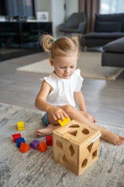 Beyaz, sevimli bir kız. Evinde yerde eko tahta oyuncaklarla oynuyor. Montessori oyuncağı. Eğitici oyunlar oynayan çocuk. Yüksek kalite fotoğraf