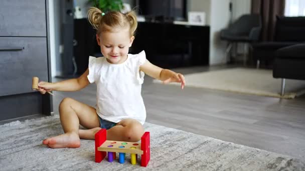 Cute Caucasian Little Girl Playing Floor Home Eco Wooden Toys — Video