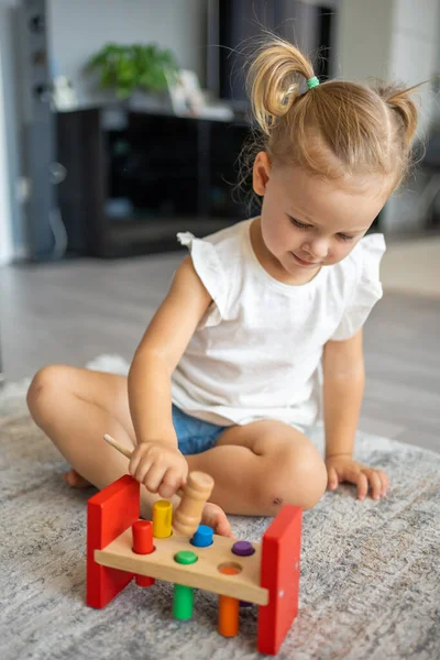Cute Caucasian Little Girl Playing Floor Home Eco Wooden Toys —  Fotos de Stock