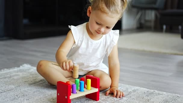 Cute Caucasian Little Girl Playing Floor Home Eco Wooden Toys — Video Stock
