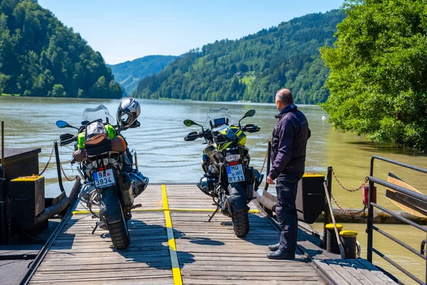 Alps Austria July 2022 Small Ferry Motorcycles Board Crossing River — Stok fotoğraf