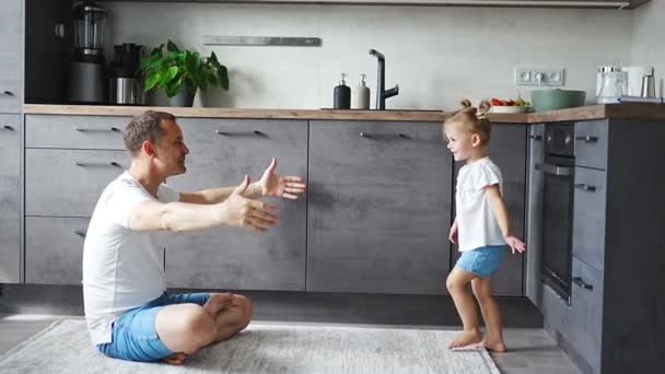 Happy Father Little Girl Joyfully Spending Time Modern Kitchen Happy — Stock video