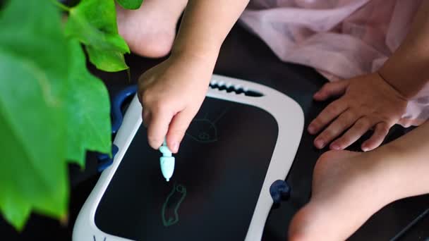 Little Girl Drawing Led Tablet Home Close View Child Hand — 图库视频影像