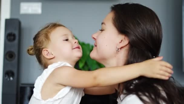 Little Girl Hugs Happy Laughing Mum Home Mother Day Birthday — Wideo stockowe