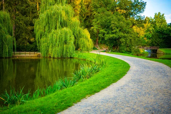 View of Pruhonice park with plants and pond near a castle, Czech Republic. High quality photo