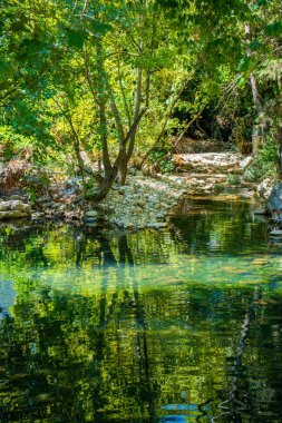 Ulupinar, Türkiye - 9 Eylül 2022: Nehirdeki Tropik restoranlar yakınlarındaki baraj ve balık çiftliği. Nehir kıyısında, Türkiye 'nin ormanlarında turistlerin olduğu yerler. Yüksek kalite fotoğraf
