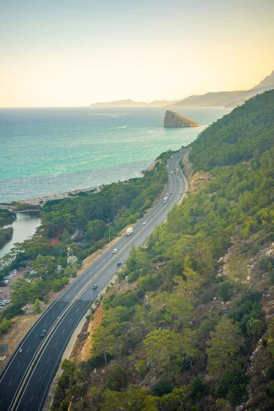Aerial view of Mediterranean sea, road and Turtle Island in Antalya, Turkey. High quality photo