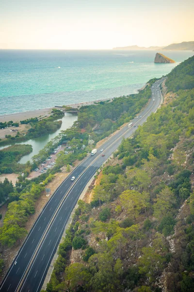 Aerial view of Mediterranean sea, road and Turtle Island in Antalya, Turkey. High quality photo