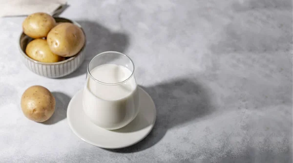 Стакан картофельного молока на сером фоне. Картофельное молоко на основе растений Альтернатива, Веганское молоко, копировальное место для текста — стоковое фото