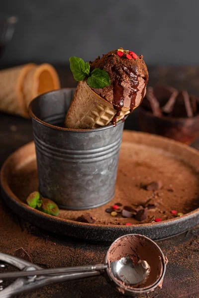 Домашнє шоколадне морозиво з шоколадним сиропом і м'ятою, вертикальне фото — стокове фото