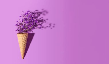 Mor arka planda, dondurma külahında mor çiçekler. Yaratıcı yaz konsepti, metin için kopyalama alanı olan web pankartı