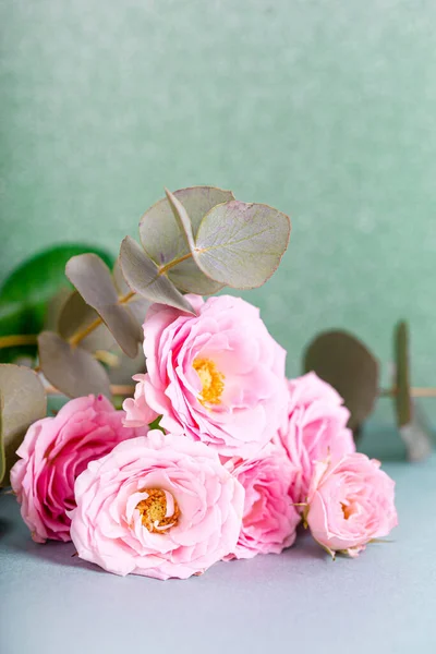 Krásné letní a jarní svislé karty s kyticí růžových růží a eukalyptu na světle zeleném pozadí — Stock fotografie