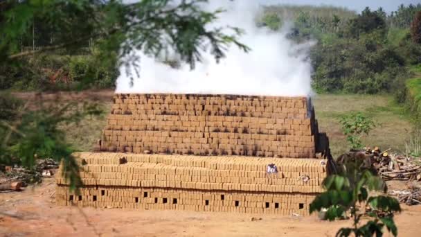 Secagem Queima Tijolos Feitos Argila Com Lenha Maneira Tradicional — Vídeo de Stock