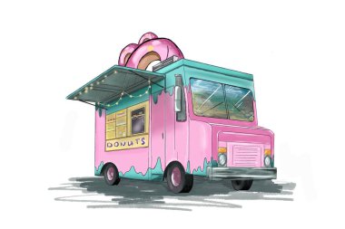 Tatlı, pembe ve mavi araba çörekleri, üstünde şeker ve üstü. Sıcak içecek arabalı çörek teslimat servisi mi yoksa sokak yemekleri fuarı mı?.