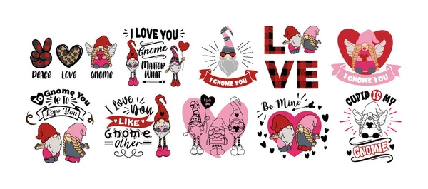 Set Cute Quotes Gnomes Valentine Day Love Messages Holiday Decor — Stock Vector