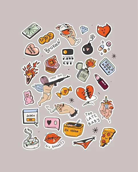 Stickers Saint Valentin Sertis Dans Style Tatouage Cœur Brisé Une — Image vectorielle