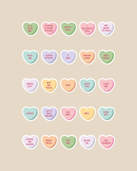Stickers Coeurs Bonbons Saint Valentin Citations Sarcastiques Pour Saint Valentin — Image vectorielle
