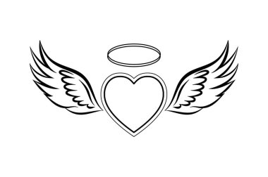 Kanatlı ve haleli uçan kalp. Sevgililer Günü melek kanatları. Beyaz arkaplanda vektör çizimi. Yazdırma ve ağ için tasarım