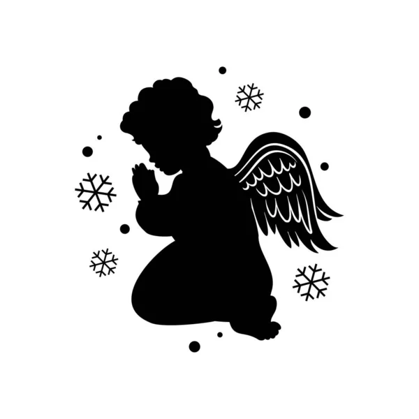 Niño Ángel Rezando Silueta Negra Ángel Navidad Perfil Con Las — Archivo Imágenes Vectoriales