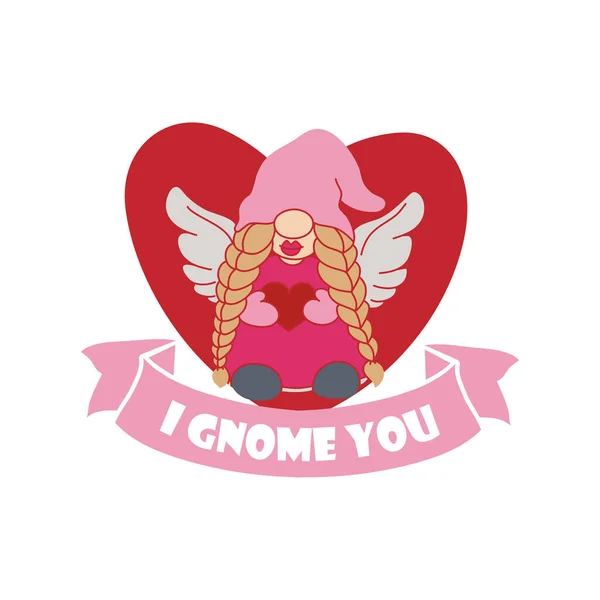 Citation Saint Valentin Avec Gnome Girl Coeur Mignon Design Carte — Image vectorielle