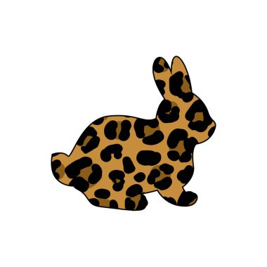 Leopar desenli Paskalya tavşanı silueti. Güzel el çizimi vektör çizimi. İzole edilmiş beyaz arka plan. Paskalya dekoru, sahneler, davetiyeler ve kartpostallar için.
