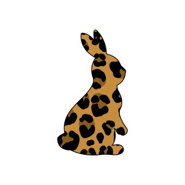 Leopar desenli Paskalya tavşanı silueti. Güzel el çizimi vektör çizimi. İzole edilmiş beyaz arka plan. Paskalya dekoru, sahneler, davetiyeler ve kartpostallar için.