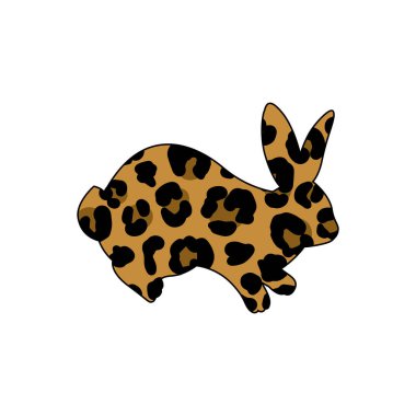 Leopar desenli Paskalya tavşanı silueti. Güzel el çizimi vektör çizimi. İzole edilmiş beyaz arka plan. Paskalya dekoru, sahneler, davetiyeler ve kartpostallar için.