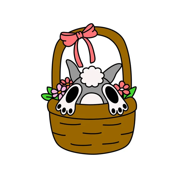 Easter Bunny Basket Flowers Cute Hand Drawn Vector Illustration Isolated — Stock Vector