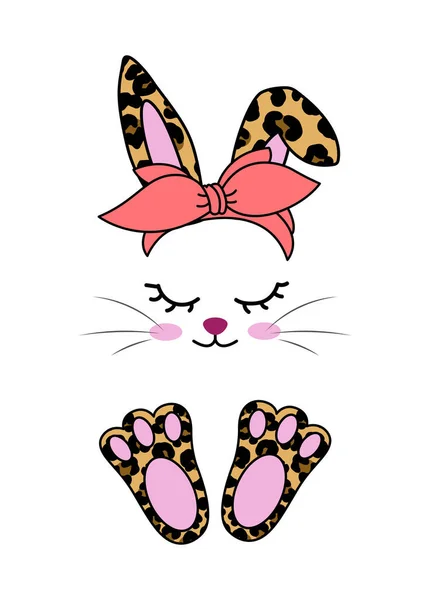 Cara Conejo Pascua Pañuelo Huella Leopardo Nombre Marco Monograma Diseño — Vector de stock