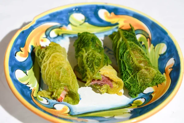 Italian Finger Food Cabbage Leaf Shrimp Pecorino — Stock Photo, Image
