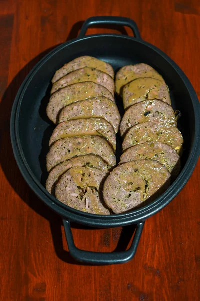 Slices Italian Meatloaf Made Beef Mortadella Parmesan Spices All Finely — Stock Photo, Image