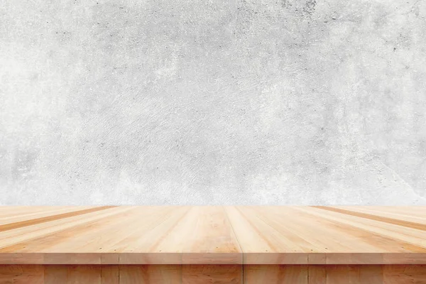 Ahşap masa üstü çıplak beton duvar arka plan üzerinde - görüntülemek için kullanılan veya ürün montaj — Stok fotoğraf