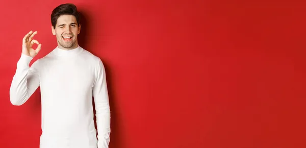 Porträtt av karismatisk pärlstav kille i vit tröja, försäkra dig, blinkar och visar okej tecken för att garantera god kvalitet, beröm utmärkt val, står över röd bakgrund — Stockfoto