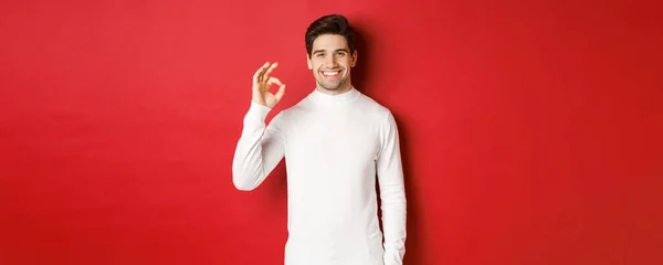 Retrato de hombre guapo feliz y satisfecho, vistiendo suéter blanco, mostrando signo de bien y sonriendo, aprobar algo bueno, recomendando tienda, de pie sobre fondo rojo —  Fotos de Stock