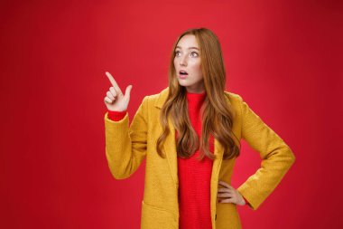 Empatik bir portre, şaşırmış ve şaşırmış sarı montlu kızıl saçlı kadın ağzı açık, şaşkın ve nutku tutulmuştu. Sol üst köşeyi işaret ediyor ve endişeli ve kırmızı duvarın üzerinden titriyordu.