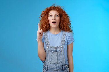 Etkilenmiş, kızıl saçlı, kıvırcık saçlı, Avrupalı bir öğrenci kot pantolon giyiyor. Tişört giyiyor. Ağzı açık.