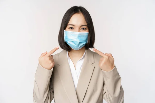 Coronavirus Und Geschäftsleute Konzept Asiatische Unternehmerin Zeigt Mit Dem Finger — Stockfoto