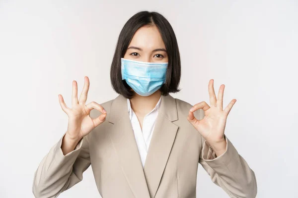 Coronavirus Workplace Concept Image Asian Saleswoman Company Worker Medical Mask — Stock Photo, Image