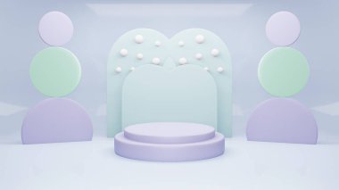 soyut geometri şekilli podyum, mavi ve mor pastel ürün standında minimum stilde sunum. 3d resimleme.