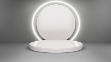 Ürün sunumu için minimalist kaide. Şov modeli şablonu. Mavi arka plan. 3d resimleme.